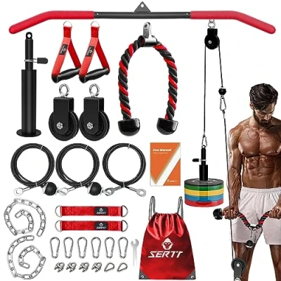 Afbeelding van SERTT Kabelpoeliesysteem Gym, Triceps Workout Pulley Systeem voor LAT Pulldown, Biceps Curl, Triceps, Schouders, Rug, Onderarm Workout, Home Gym Gewicht Katrol Squat Rack, Garage, Rood