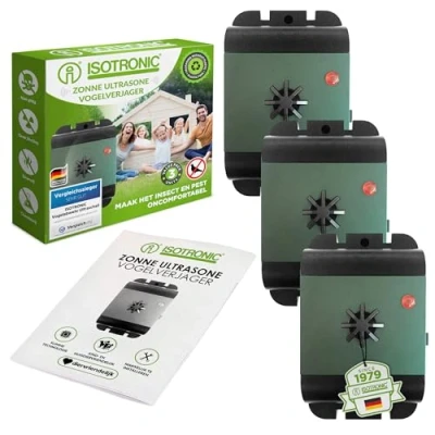 Afbeelding van Isotronic Ultrasone vogelverjager, vogelverschrikker, op batterijen, 3 delige set, mobiel inzetbaar tegen vogels balkon, dakgoot, raam, fruitboom, zonder duivenspikes