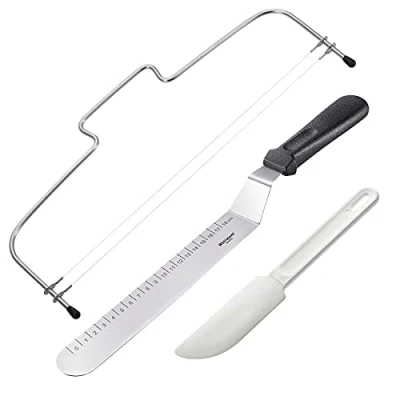 Afbeelding van Bakset, 3 stuks, 1 taartbodemverdeler met 2 snijdraden, simplex duo + hoekpalet afmetingen schraper/taartontgrendelaar, roestvrij staal/PP, zilver/wit/zwart