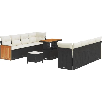 Afbeelding van vidaXL 11 delige Tuin Sofa Set met Kussens Zwart Poly Rattan Acacia, 3 Eetset Acacia
