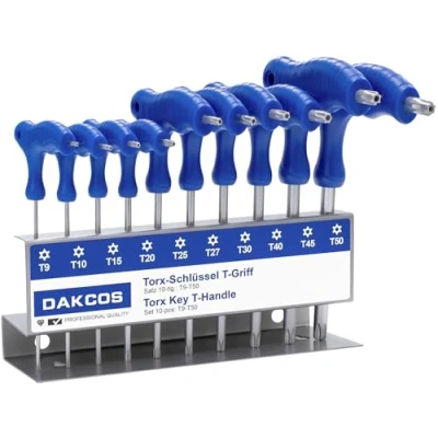 Afbeelding van DAKCOS 10 TLG TORX Schlüssel Set mit T Griff Stiftschlüssel Stirnlochbohrung für Innen Schrauben T9 T50 Cr V