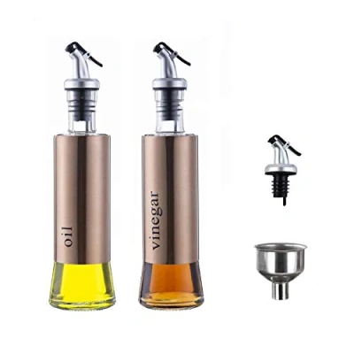 Afbeelding van MHtech dispenser van roestvrij staal, voor azijn of olie, fles 300 ml, zichtbare inhoud, met schenktuit die een hendel kan worden bediend Stof en lekvrij keukengerei (300 ml + 2 stuks)