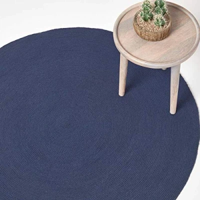 Afbeelding van runder Teppich 150 cm, dunkelblau, geflochtener Bettvorleger aus Baumwolle, Wendeteppich, handgewebter Retro Teppich, blauw