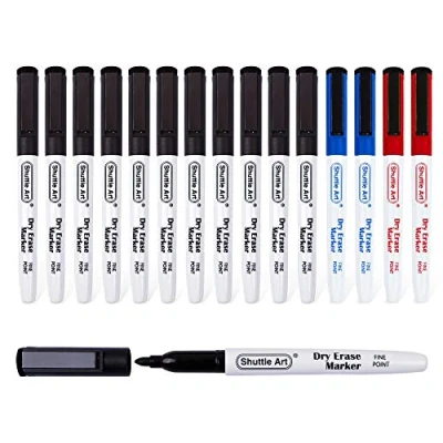 Afbeelding van Shuttle Art magnetische whiteboardpennen, 15 stuks 3 verschillende kleuren, 11 zwart 2 blauw rode whiteboard markeringen, fijne punt droge doekjes voor whiteboards, planner, glas schoolkantoor