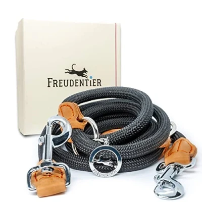 Afbeelding van Premium zwarte hondenriem, 2 meter, 3 voudig verstelbaar, rond, met hoogwaardige bruine lederen elementen, inclusief geschenkdoos, robuuste hondenriem voor honden
