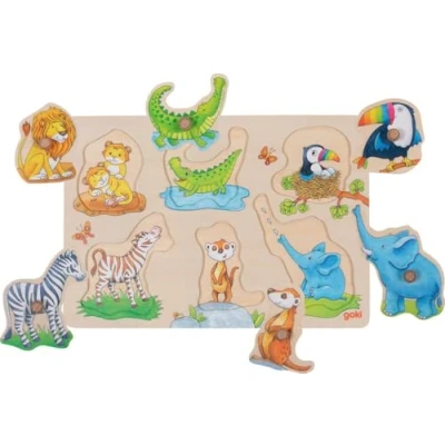 Afbeelding van goki 57310 Puzzel voor achtergrond, wilde babydieren, steekpuzzel kleine kinderen met diermotieven en houten handgrepen