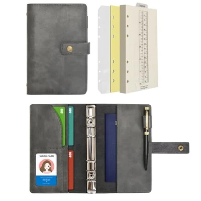 Afbeelding van WONDERPOOL Lederen dagboek, navulbaar notitieboek, ringband, map, portfolio, papier met stippellijnen en binnenvakken voor dames heren, grijs, A6