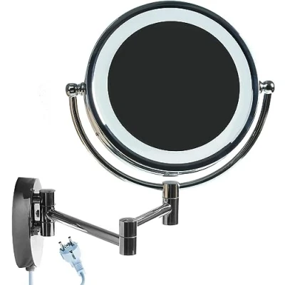 Afbeelding van HIMRY® KXD3129 7x Led wandspiegel, cosmeticaspiegel, 20,5 cm, EU stekker, 7 x vergroting, verlichte make up scheren spiegel, verstelbare arm, dubbelzijdige badkamerspiegel