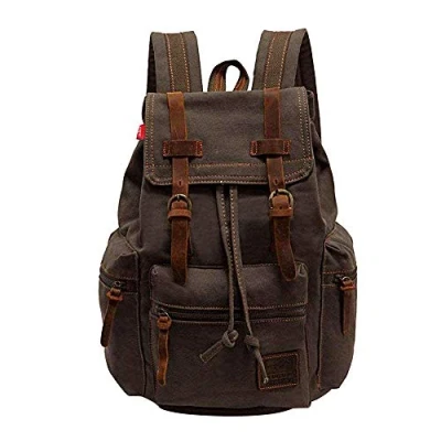Afbeelding van koolehaoda® vintage canvas lederen rugzak unisex casual college tas wandeltas 17 inch laptop zakelijke rugzak, (1039 L legergroen)