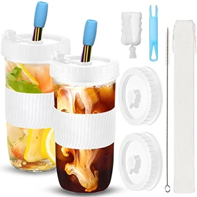 Afbeelding van HURRY UP Bubble Tea beker 730 ml, set van 2 bekers met rietje, herbruikbare Bobabeker, drinkglas deksel en rietje voor milkshakes, sappen, smoothies, bieren (wit)