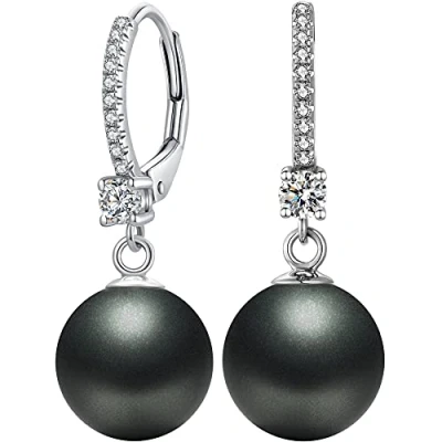 Afbeelding van Miaofu Pareloorbellen, 18K witgoud verguld 925 Sterling zilver, witte parels oorringen, zwarte oorbellen, hypoallergeen, met zirkonia, 8 13 mm, elegante sieraden voor dames, Parel