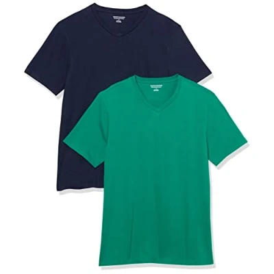Afbeelding van Amazon Essentials Heren Slim Fit T shirt met korte mouwen en V hals, verpakking van 2 stuks, marineblauw/groen, maat L