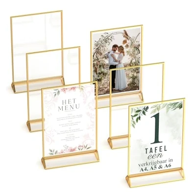 Afbeelding van gouden fotolijsten dubbelzijdig 6 stuks A6 acryl tafelnummerhouders, duidelijke ezel tafelstandaards voor borden, frames bruiloft tafelnummers, menuhouder, fotolijst (A6 (6 stuk))