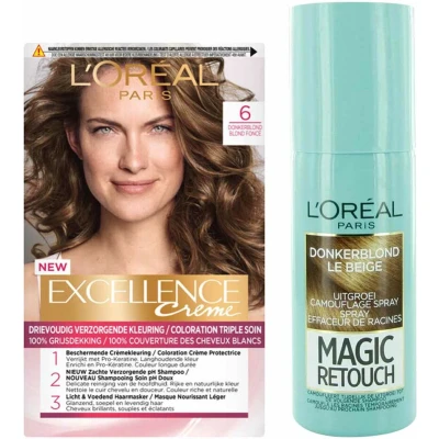 Afbeelding van L&#039;Oréal Excellence Creme 6 Donker Blond + Magic Retouch Uitgroeispray Donkerblond 75 ml Pakket