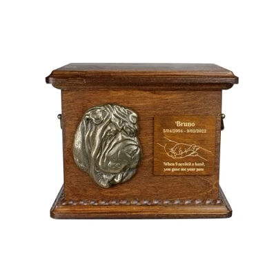 Afbeelding van Art Dog Urn voor hondenas Handgemaakt gedenkteken met reliëf, gepersonaliseerde gravure en koudgegoten bronzen buste 8,3x11,4x8,7 Shar Pei