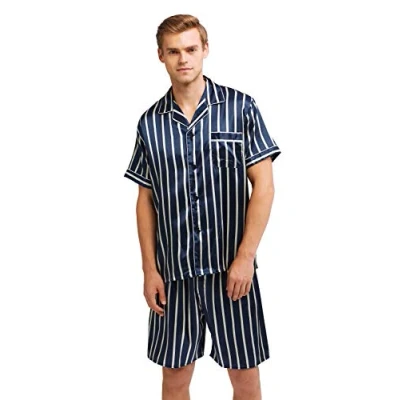 Afbeelding van Satijnen pyjamaset met korte mouwen voor heren, Blauw Beige Gestreept, XL