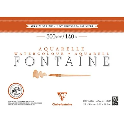 Afbeelding van Clairefontaine 96344C Aquarelblok Fontaine Satiné (100% hader, fijnkorrelig, glad, geschikt voor natte en droge technieken, zuurvrij, 300 g, 23 x 31 cm, 20 vellen) wit