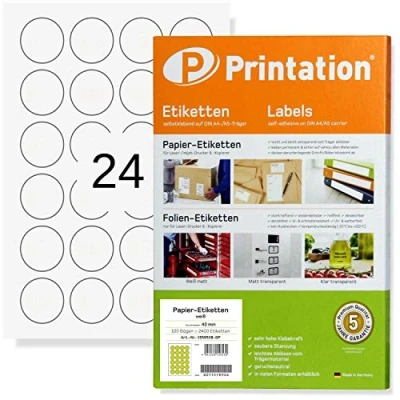 Afbeelding van Printation etiketten rond, 40 mm diameter, 2400 stickers op 100 DIN A4 vellen, 4 x 6 24 stickers, per vel, zelfklevende voor papier, plakpunten, zelfklevend, blanco,