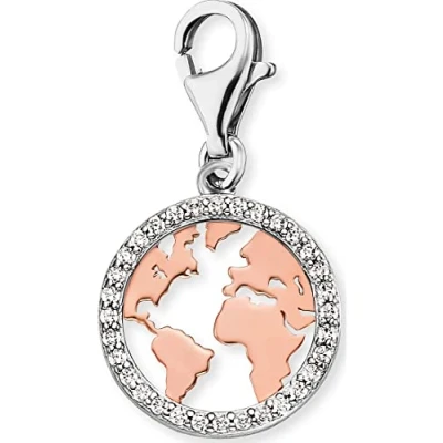 Afbeelding van Engelsrufer Damen Charm in Form einer Weltkarte, aus 925er Sterling Silber, mit Zirkonia Steinen, Karabinerverschluss, Größe: 13,8 x 11,7 cm, ERC WORLD BICOR ZI