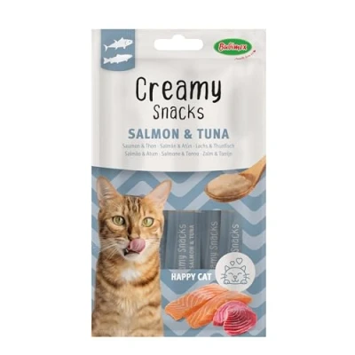 Afbeelding van Bubimex Creamy Snacks Tonijn en Zalm Likcrème voor katten Gladde, romige smakelijke textuur Stimuleert de eetlust bevordert hydratatie 4 x 15 g