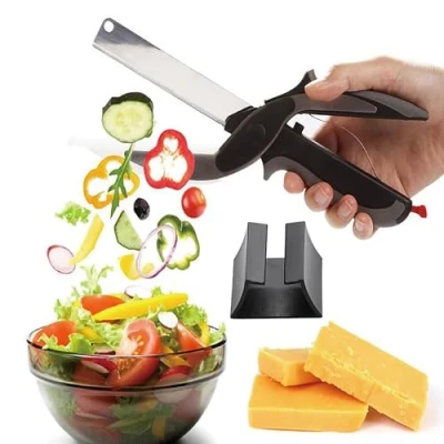Afbeelding van 2 in 1 Clever Cutter, Roestvrij Staal, Groentesnijder en Keukenmes met Mini Snijplank Voor Salades, Groenten, Vlees, Aardappelen Brood, keukenschaar snijplank, multifunctionele schaar mes