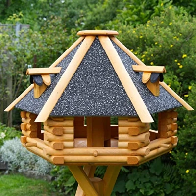 Afbeelding van Deko Shop Hannusch XXL Luxe vogelhuisje naar keuze met verlichting op zonne energie, absolute blikvanger, vogelvoederhuis van hout, V13 standaard, voedersilo (met antraciet