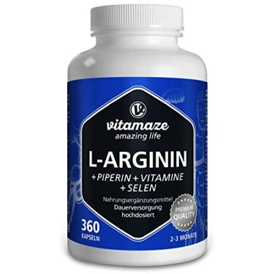Afbeelding van L Arginine Capsules, 360 Capsules met Vital Formule B6, B12, Folzuur, Selen en Piperine, voor 3 Maanden, Supplement zonder Additieven, Made in Germany