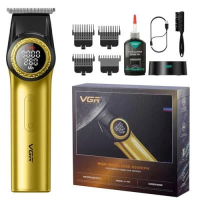 Afbeelding van VGR 977 Professionele Tondeuse voor Mannen, 8000 Omw/min T Blade Trimmer, Draadloze Kappersnijder met Nulafstand, Oplaadbare Randkappers LED Display, Goud