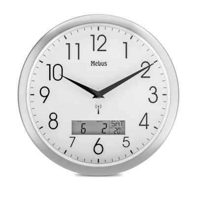 Afbeelding van Mebus Draadloze wandklok, 29 cm, geruisloos, lcd display voor datum en temperatuur, wit, model 19422 multifunctioneel stil