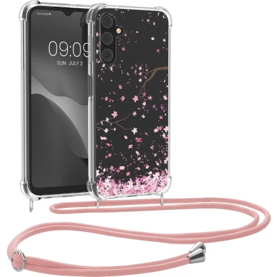 Afbeelding van kwmobile telefoonhoesje geschikt voor Samsung Galaxy A14 5G Hoesje met telefoonkoord Back cover smartphone Case in poederroze / donkerbruin transparant