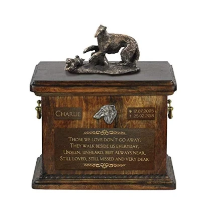 Afbeelding van Art Dog Custom Sitting Statue Memorial Urn Handgemaakt koud gegoten brons op berkenhouten voet 8,3x11,4x8,7 5l Borzoi