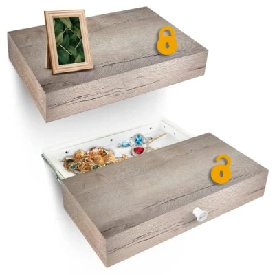 Afbeelding van Elder Welder® Wandplank met Geheime Lade 30 cm x 60 Meubel Geldkluis Muurplank Halifax Eik Vakje en Sleutel Legplank Ideaal als bergplaats voor geld, juwelen meer