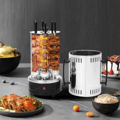 Afbeelding van Mini dönergrill voor thuis, kippengrill, elektrische kebab machine, verticale grill, dönerspies, roestvrij staal, rotisserie, tafelgrill met 6 sjasliekspiesen kamperen, picknicks,