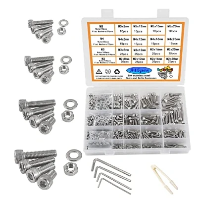Afbeelding van huruirui Gesorteerde set moeren en bouten, M2, M3, M4, M5, sluitringen, 304 roestvrij staal, 945 stuks, cilinderkopschroeven, schroefdraad, machine, zeskantige reparatiegereedschap