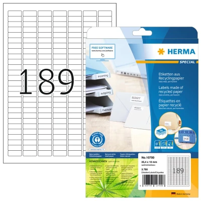 Afbeelding van HERMA 10700 recycling etiketten, 20 vellen, 25,4 x 10 mm, 189 per A4 vel, 200 stuks, zelfklevend, bedrukbaar, mat, blanco gerecycled papier, zelfklevende stickers, natuurlijk wit