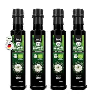 Afbeelding van Sunnah Shop® biologische zwarte komijnolie 4x 250 ml van echte Nigella Sativa zaadolie ongefilterd en koudgeperst