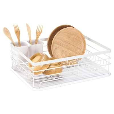 Afbeelding van Navaris afdruiprek Borden, bestek, potten en pannen droogrek voor keuken Modern retro design lekbak met metalen rek Wit