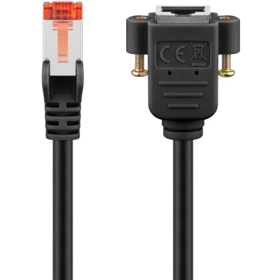 Afbeelding van goobay 65636 CAT6 (CU) S/FTP (PiMF)/CAT 6 verlengkabel voor Ethernet/RJ45 stekker naar RJ45 met montageflens/250 MHz/0,5 m, zwart