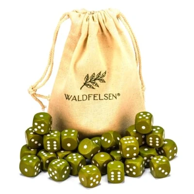 Afbeelding van Waldfelsen 6, 12, 20, 30 of 50 hoogwaardige houten kubussen van echt beukenhout, 16 mm standaard dobbelstenen met stoffen zak, stuks, olijfgroen