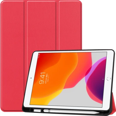 Afbeelding van Tablet Hoes geschikt voor iPad 2021 / 2020 2019 met Apple Pencil Houder &amp; Auto Sleep/Wake functie Tri Fold book Case 10.2 inch Rood