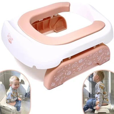 Afbeelding van Pote Plus Travel Potty, onderdeel van het bekroonde assortiment, zachte PU gewatteerde draagbare peuter toiletbril inclusief 5 wegwerpvoeringen safari
