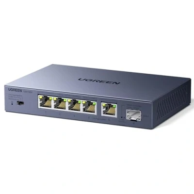 Afbeelding van UGREEN 2.5G LAN Switch met 5x poorten + 1x 10G SFP+, onbeheerde netwerkswitch voor computer, NAS, server, WiFi 6 AP, snelle gegevensoverdracht, metalen behuizing desktop/muurmontage