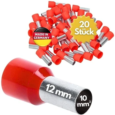 Afbeelding van 20 stuks Kalitec AE1012RTSB adereindhulzen geïsoleerd 10,0 mm² 12 mm lang rood I Made in Germany Industriële kwaliteit
