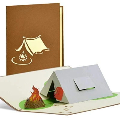 Afbeelding van 3D Pop up cadeaukaart camping, verjaardagskaart, waardebon voor kamperen, vaderdag geschenken, reisvoucher, cadeau ideen verjaardag, vakantie, H21, bruin