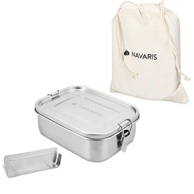 Afbeelding van Navaris RVS broodtrommel met verdeler Meal prep bakje Vershouddoos Lunchbox 17 x 13 6 cm Inhoud 0,8 liter Vaatwasbestendig