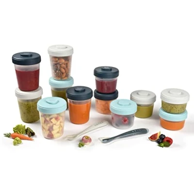 Afbeelding van BÉABA, Set van 12 Bewaarbakjes en 2 Siliconenlepels, met clip, Stapelbare in elkaar passende bakjes, 100% luchtdicht, Maataanduiding, Invriezen, Moedermelk (2x90 ml &amp; 4x150 6x250ml), Storm