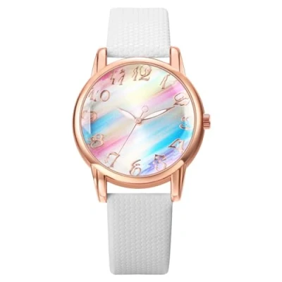 Afbeelding van JewelryWe Dameshorloge regenboog lederen horloge: wit dames Preppy Boho analoog kwarts polshorloge vrouwen casual horloge met PU lakleer armband en gekleurde wijzerplaat,