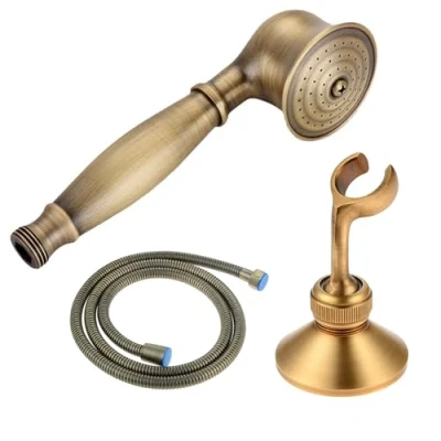 Afbeelding van DRELD 3 stuks retro doucheset, 1 x messing handdouche met 1,5 m slang en stuk houder, nostalgie gouden brons douchekop set (goud, volledig koper)