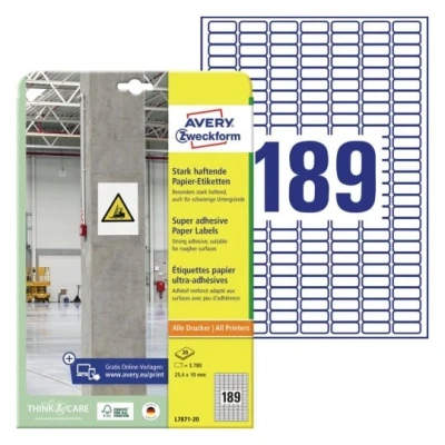 Afbeelding van Avery Zweckform L7871 20 ( 25.4 x 10 mm, Wit, 3780 stuk(s), Permanent hechtend, Sterk hechtend