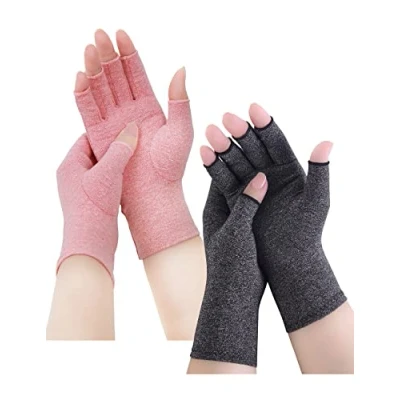 Afbeelding van Arthrose handschoenen, vingerloze reuma compressiehandschoenen, Arthriti gaming reumatische pijnverlichting, RSI, carpaal tunnelsyndroom (M, grijs + roze)